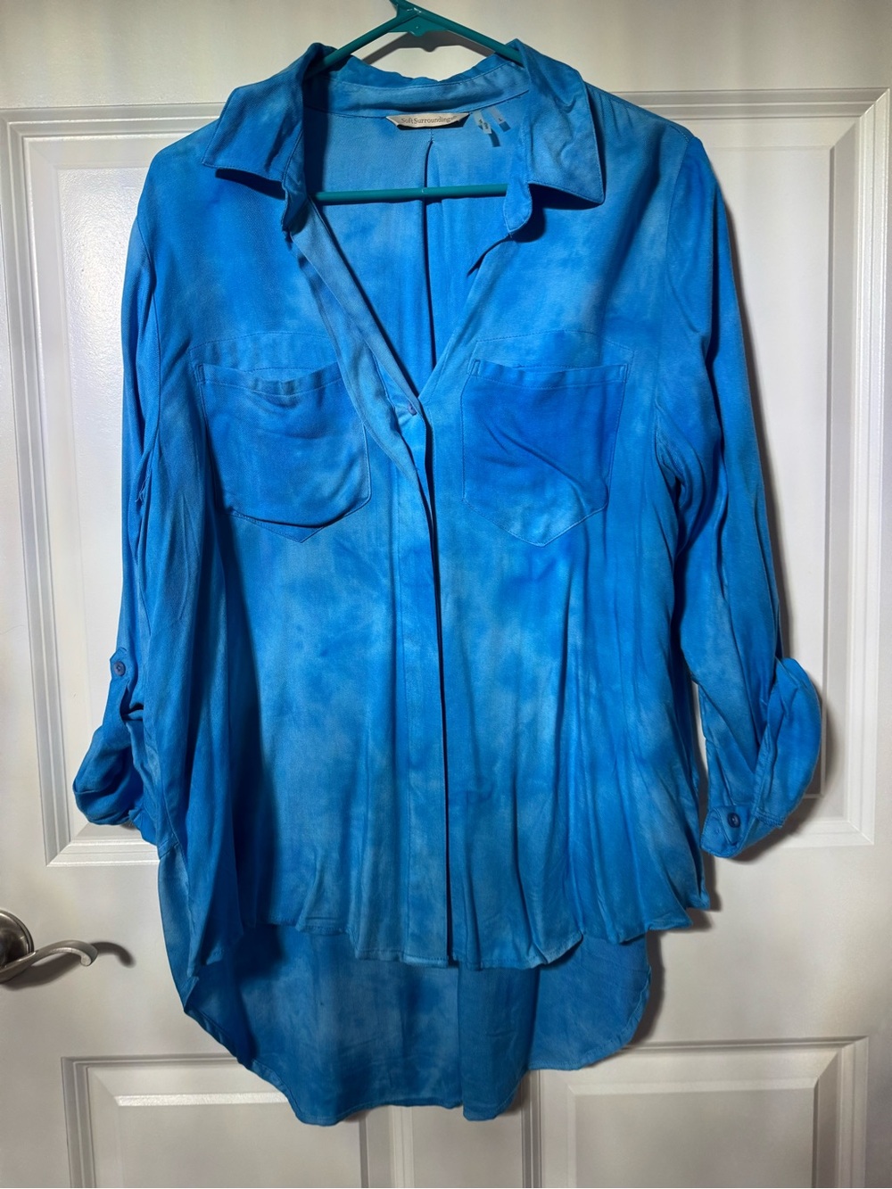 Soft Surroundings Vibrant Aqua Blue tie dye Button-Front Tunic Shirt L